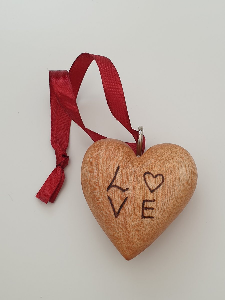 wood burned solid wooden love heart with hanging loop