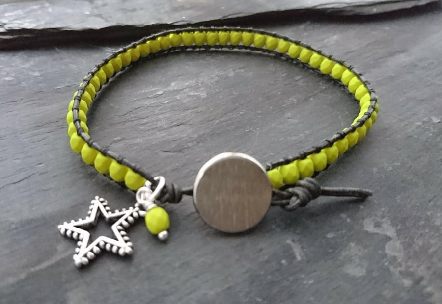 SALE charcoal grey and green yellow bead leather bracelet