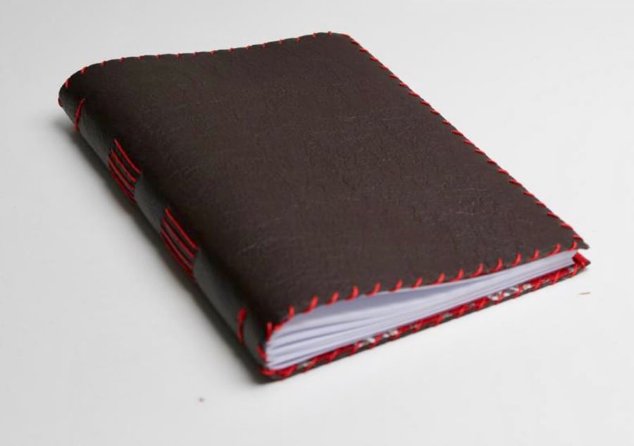 A5 Handmade Dark Brown Leather Notebook Sketchbook Paisley fabric lining