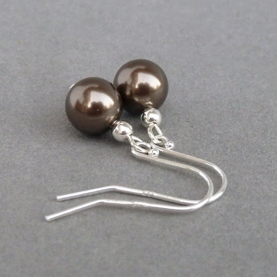 Simple Chocolate Glass Pearl Drop Earrings - Dark Brown Ball Dangle Earrings