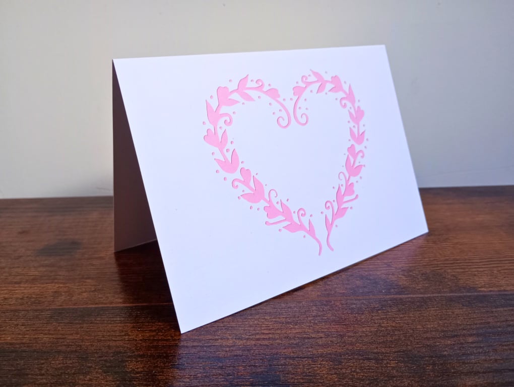 Pink Leafy Heart - Eco-Friendly Printed Greeting Card of Papercut