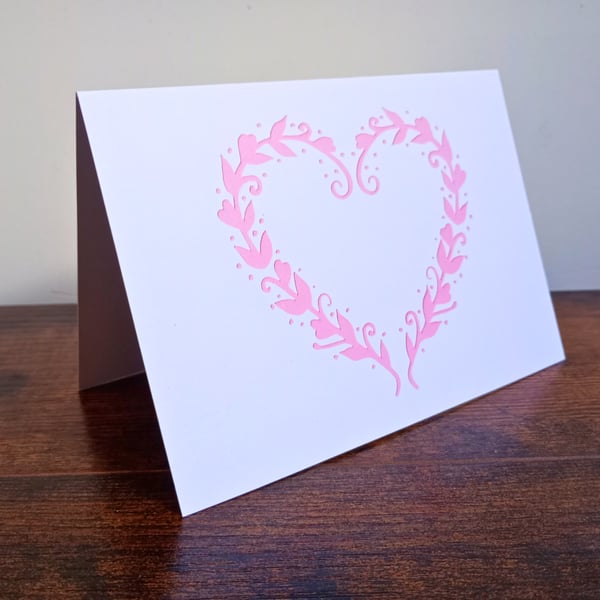Pink Leafy Heart - Eco-Friendly Printed Greeting Card of Papercut