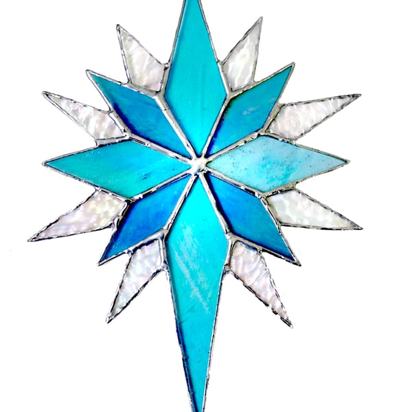 Turquoise Iridescent  Stained Glass Suncatcher Star  Christmas Window Ornament