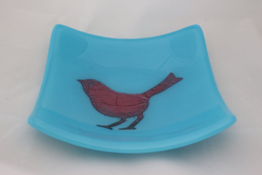 Hand made fused glass candy bowl - copper sparrow on opaque turquoise