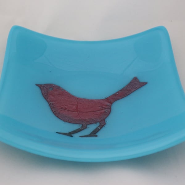 Hand made fused glass candy bowl - copper sparrow on opaque turquoise