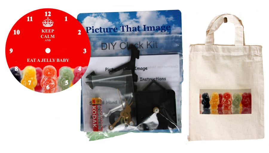 DIY 12cm Clock Kit Gift Set - Jelly Babies in Canvas Bag with Jelly Baby Motif