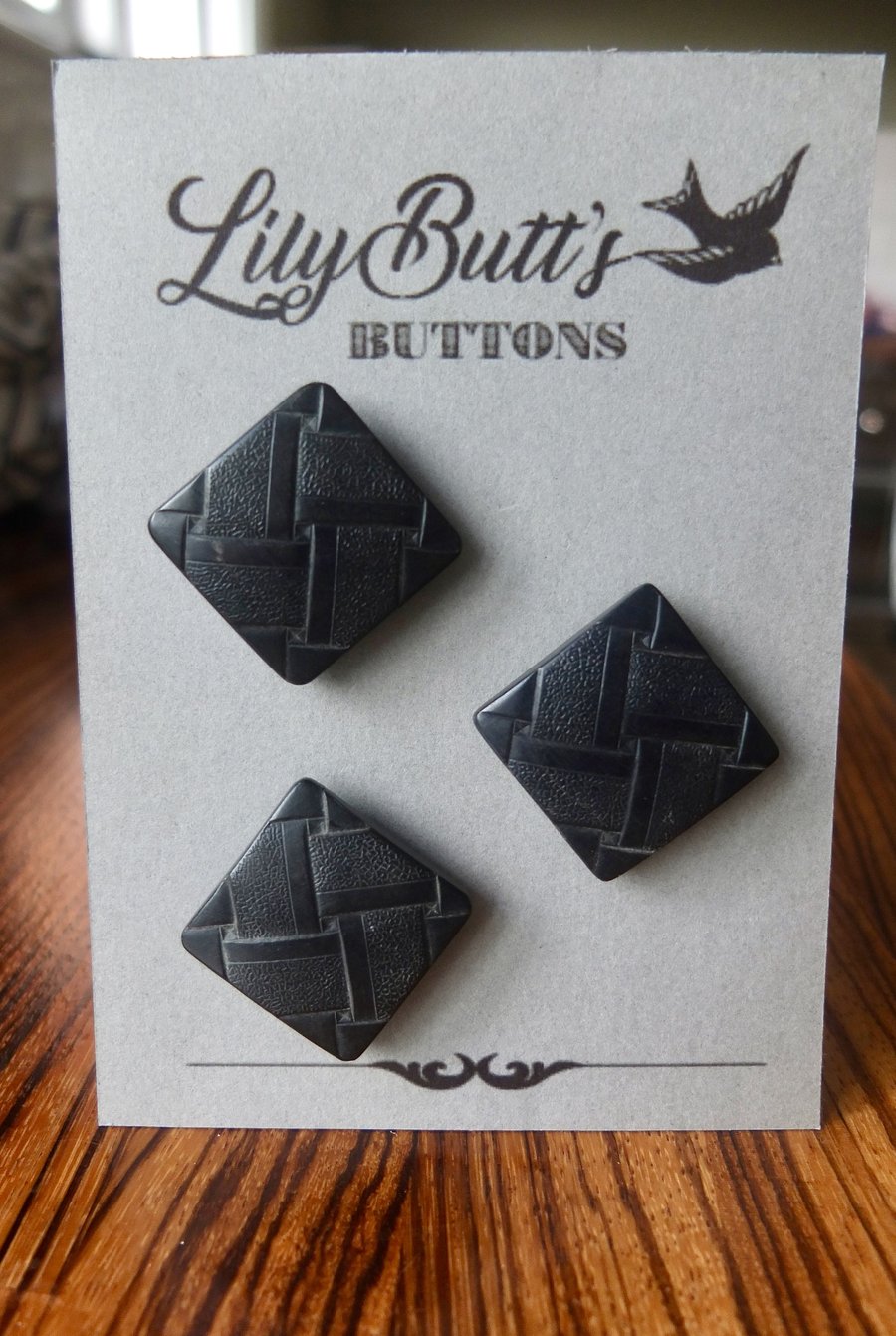 3 Vintage Black Wooden Basket Weave Buttons 40mm