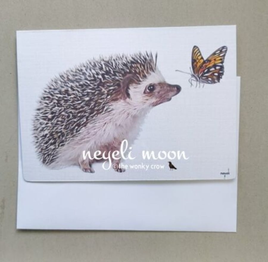 Hedgehog and butterfly blank greetings card artwork by neyeli