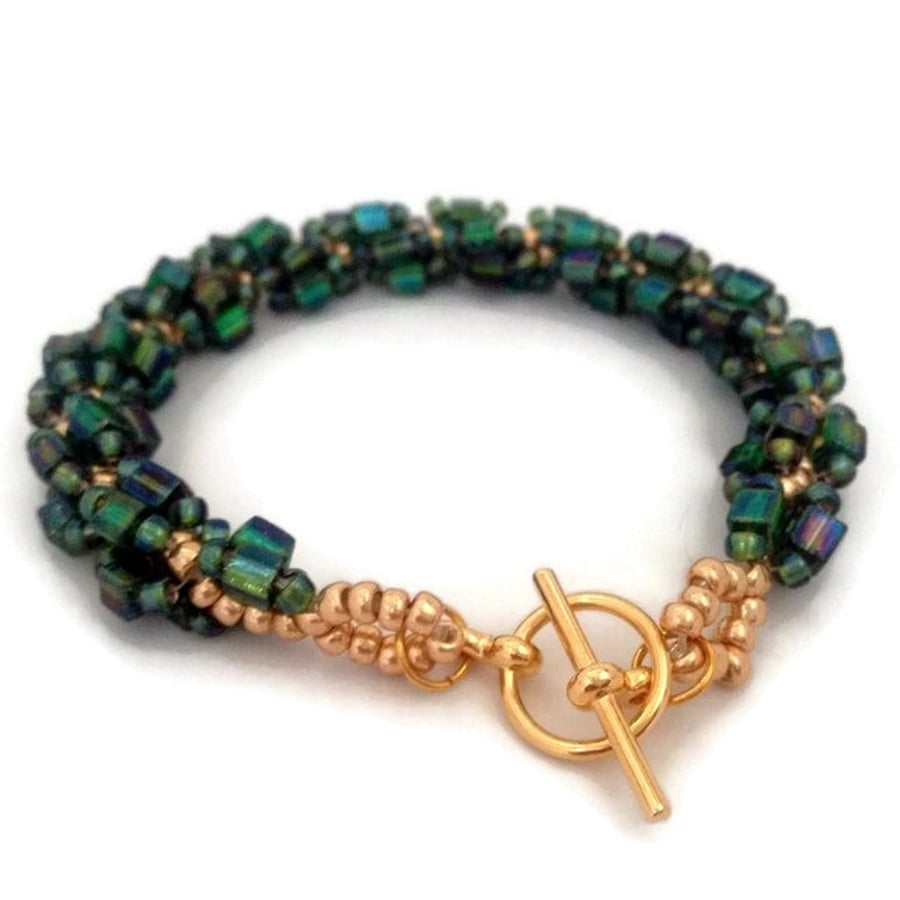 SALE - Green & Gold Bead Weave Bracelet