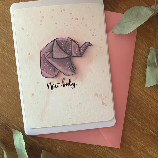 New Baby Girl Personalised Origami Elephant Card