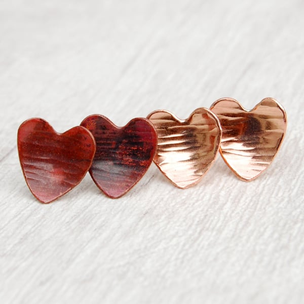 Copper love heart studs textured earrings