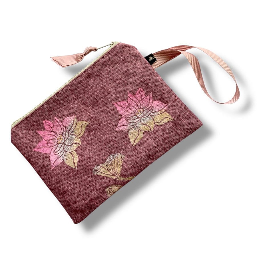 Dusty Pink Linen Lotus Flower Zip-Up Pouch