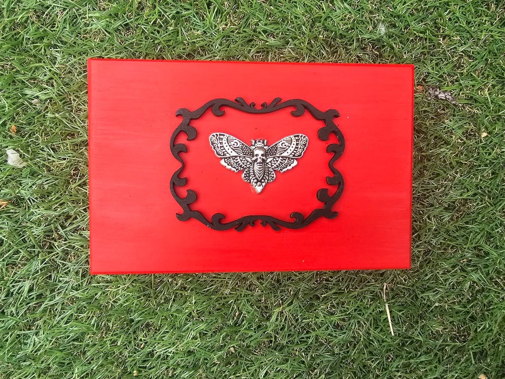 Death Head Moth Red Wooden Jewellery or Trinket Box
