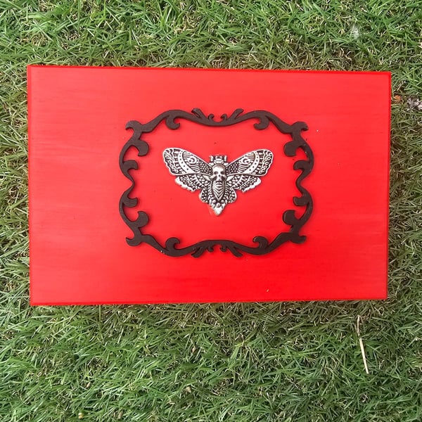 Death Head Moth Red Wooden Jewellery or Trinket Box