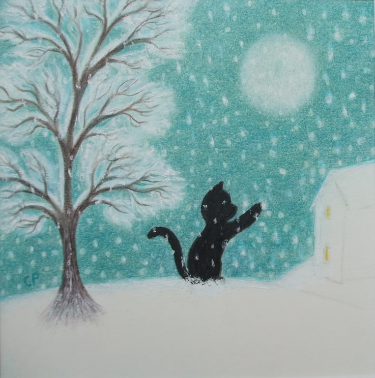 Cat Christmas Card, Snow Tree Moon Black Cat Art Card, Winter Blank Card 