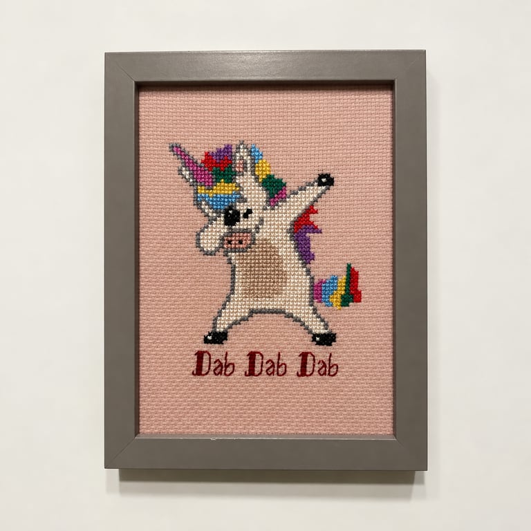Handmade Framed Cross Stitch – Dabbing Unicorn