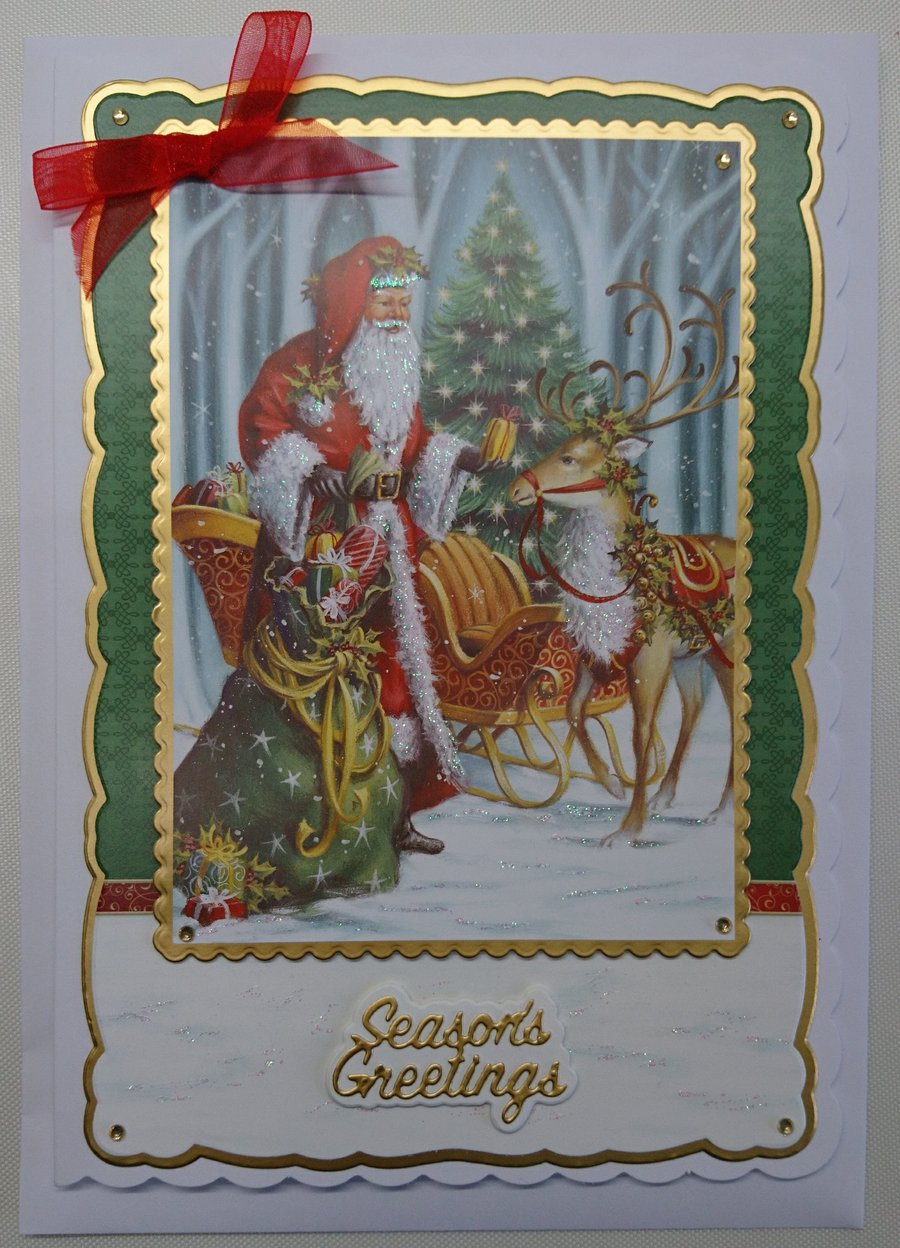 Christmas Card Season's Greetings Santa Rudolph Reindeer Sleigh Gifts 3D Luxury