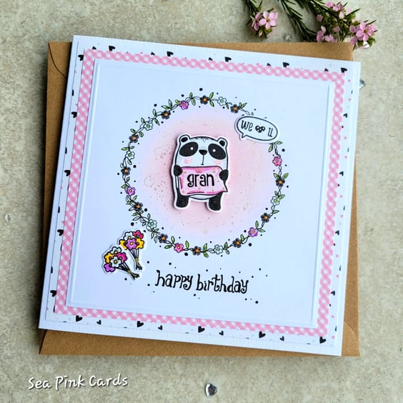 Gran Birthday Card - Cards - handmade, floral wreath, panda, blank inside