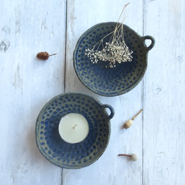 Hand-built stoneware pottery small tealight dish in matt blue-green