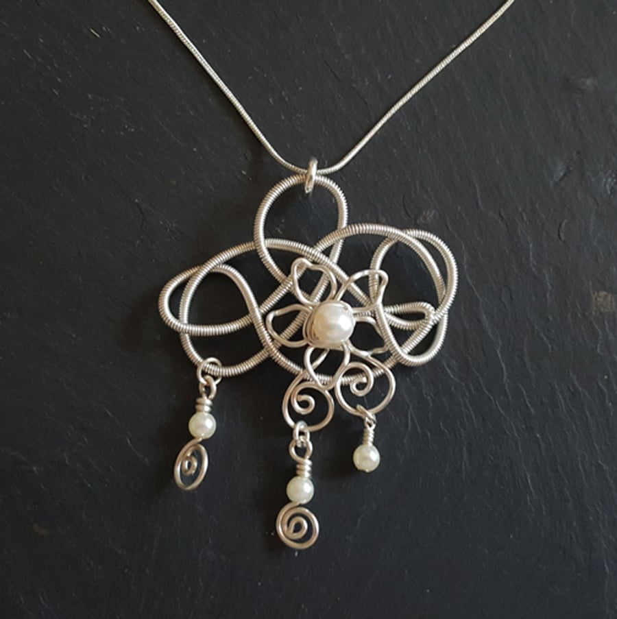 Silver Wirework Flower Pendant Necklace with Pearl Drops - One of a Kind
