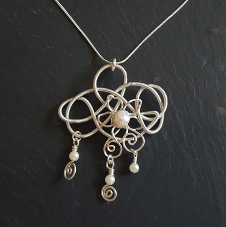 Silver Wirework Flower Pendant Necklace with Pearl Drops - One of a Kind