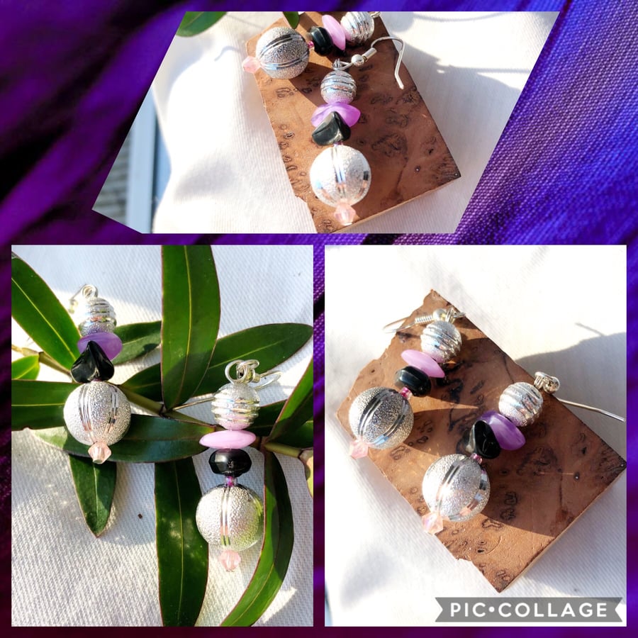 Snowball Silver Watermelon and Amethyst Drop Dangle Earrings