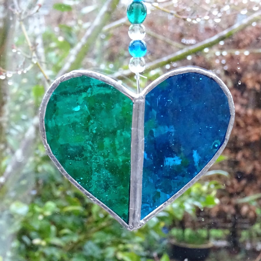 Stained Glass Heart Suncatcher - Handmade Decoration - Green  and Turquoise