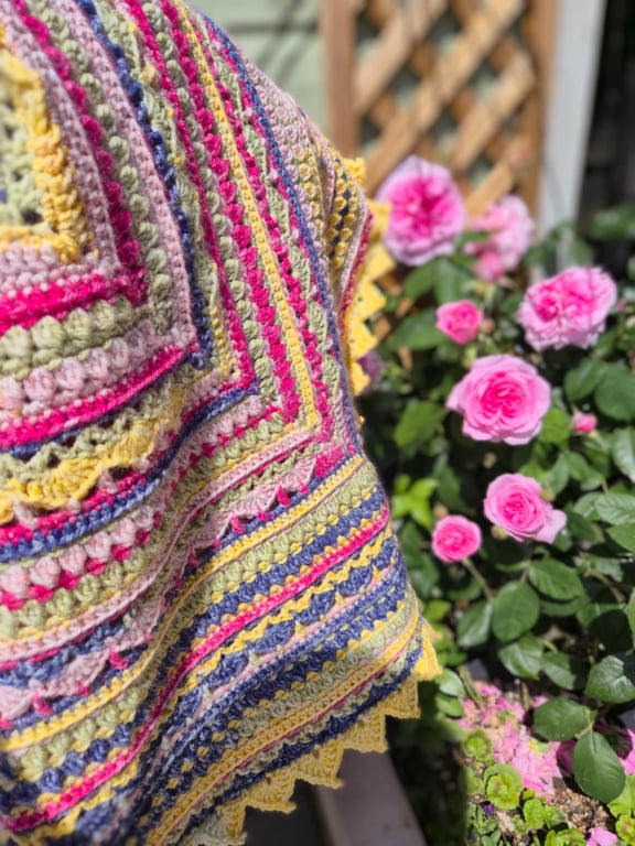 Crochet Pink, Blue, Yellow, Green Blanket