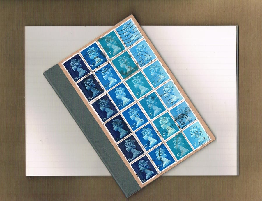Upcycled Machin postage stamp notebook - turquoise blue ombre, lined notebook