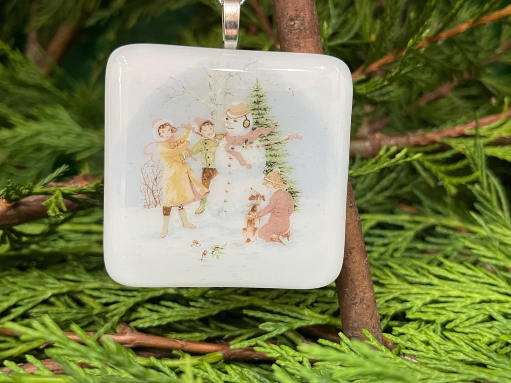 Unique Handcrafted Christmas Artisan Fused Glass Children Building a Snowman