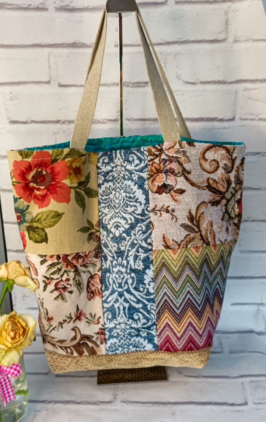 Patchwork tote, lined tote bag, shopping bag, scrappy rabge bag