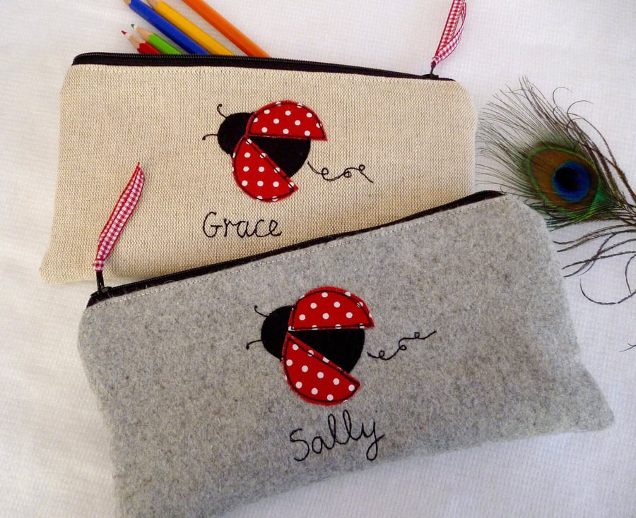 Personalised Ladybird Makeup Bag - Custom Ladybug Cosmetic Bag - Grey or Oatmeal