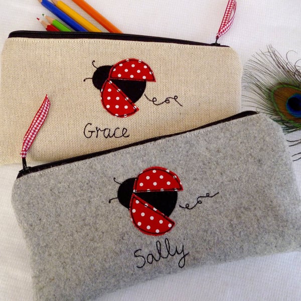 Personalised Ladybird Makeup Bag - Custom Ladybug Cosmetic Bag - Grey or Oatmeal