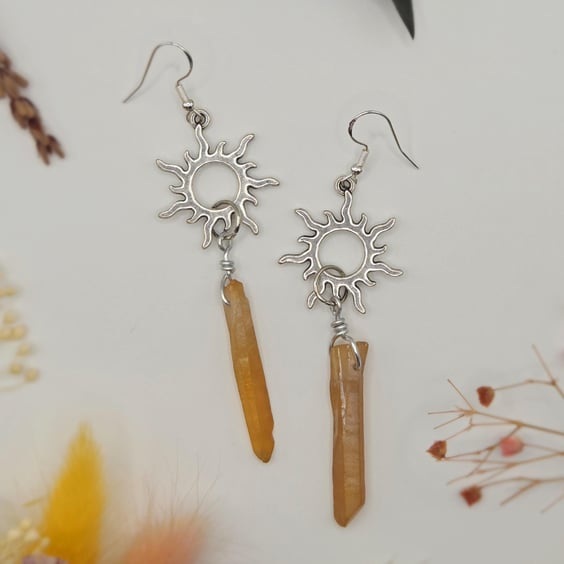 Sterling Silver Sun Charm Dangle Earrings with Champagne Aura Quartz Points
