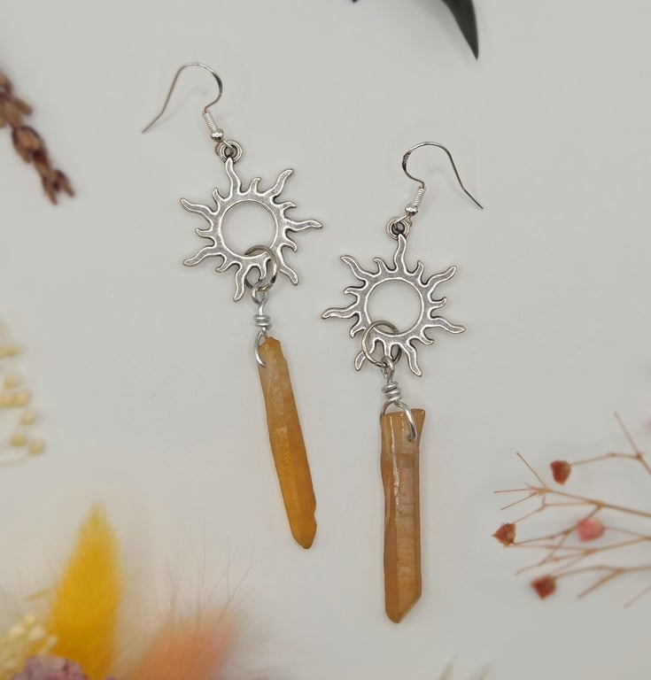 Sterling Silver Sun Charm Dangle Earrings with Champagne Aura Quartz Points