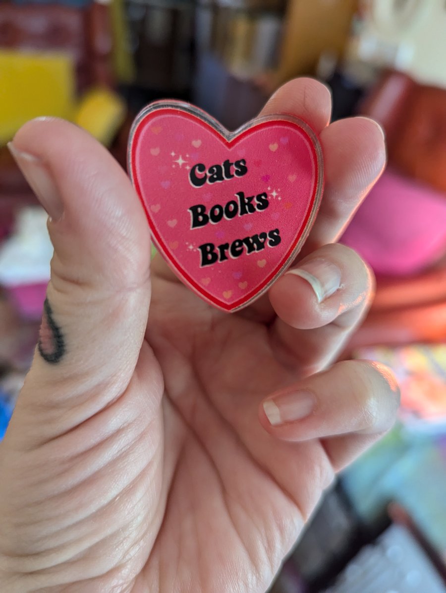 Heart acrylic pin Cats Books Brews happy trinkets