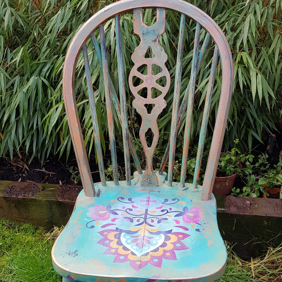 Upcycled distressed boho unique and colorful wooden floral garden chair. funky.