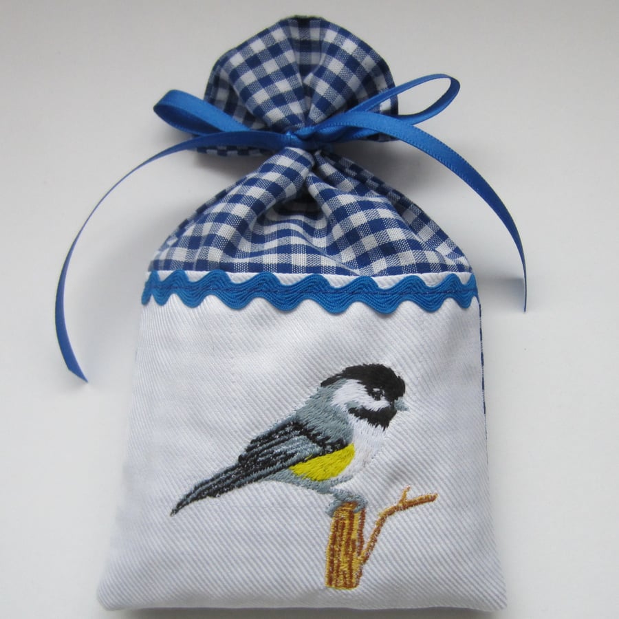 Embroidered Coal Tit Bird Lavender Sachet