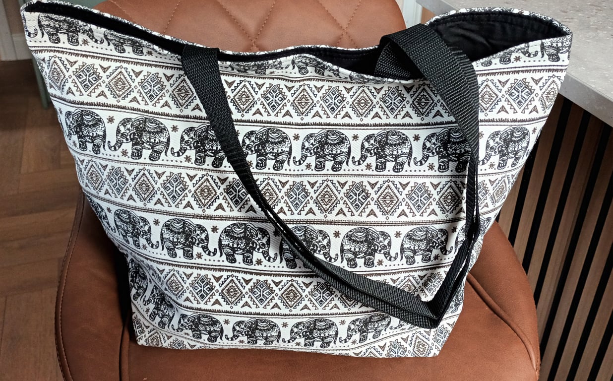 Elephant Aztec Design Tote Bag, Black & White Cotton Canvas. Free Delivery 