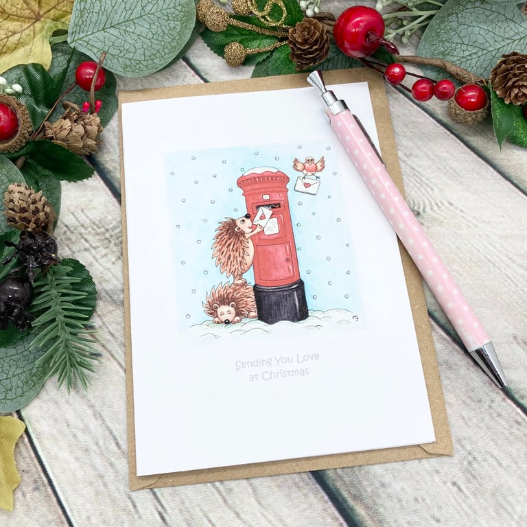 Hedgehog Sending Love Card - Christmas Card
