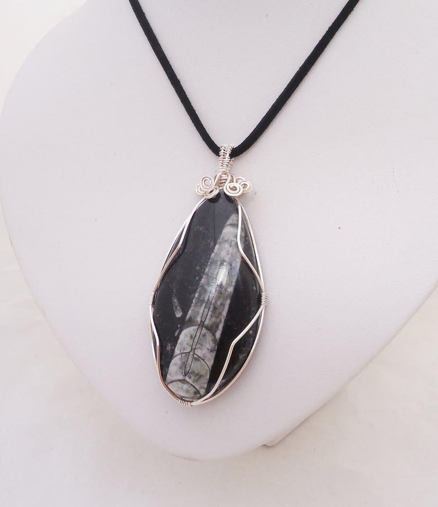 Fossil Pendant, Fossil Wire Wrapped Pendant, Fossil Jewellery, Tear Drop Pendant
