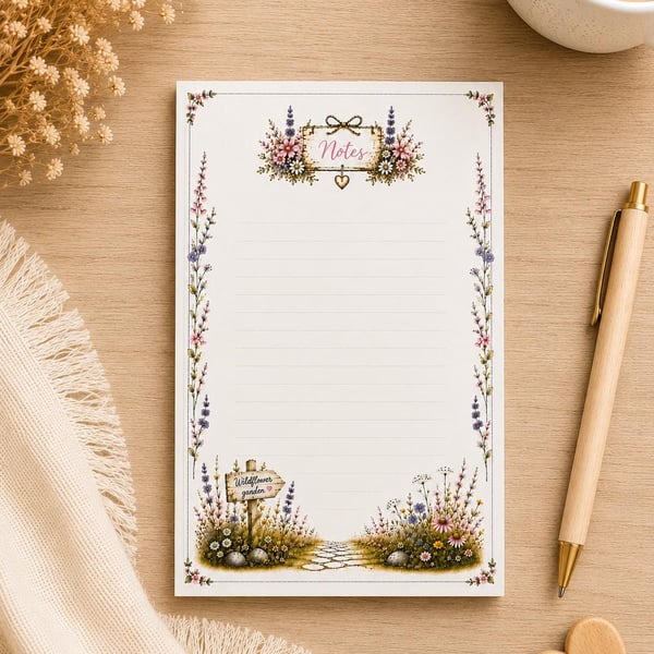 Wildflower Garden Floral Notepad - Lined Writing Pad - Shopping List Pad