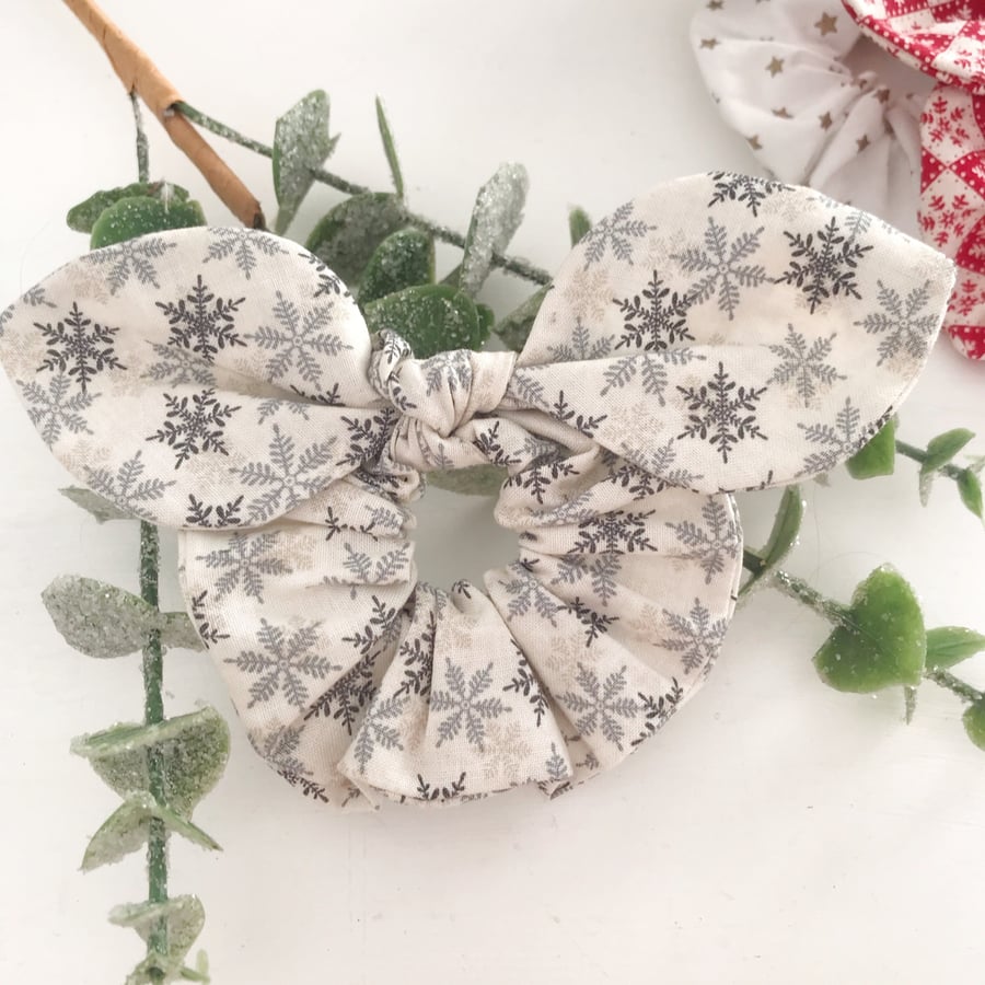 Mouse Ear Scrunchies in Cream and Pewter Grey Christmas Snowflake Fabric