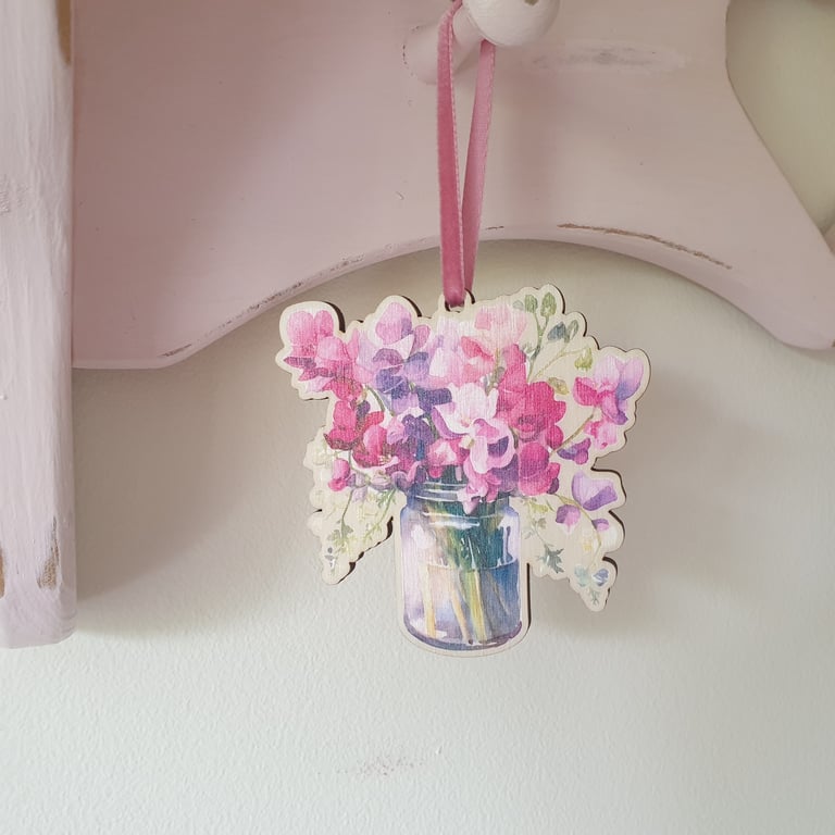 Wooden Sweet Pea Hanging Decorative Gift for Flower Loving Friends