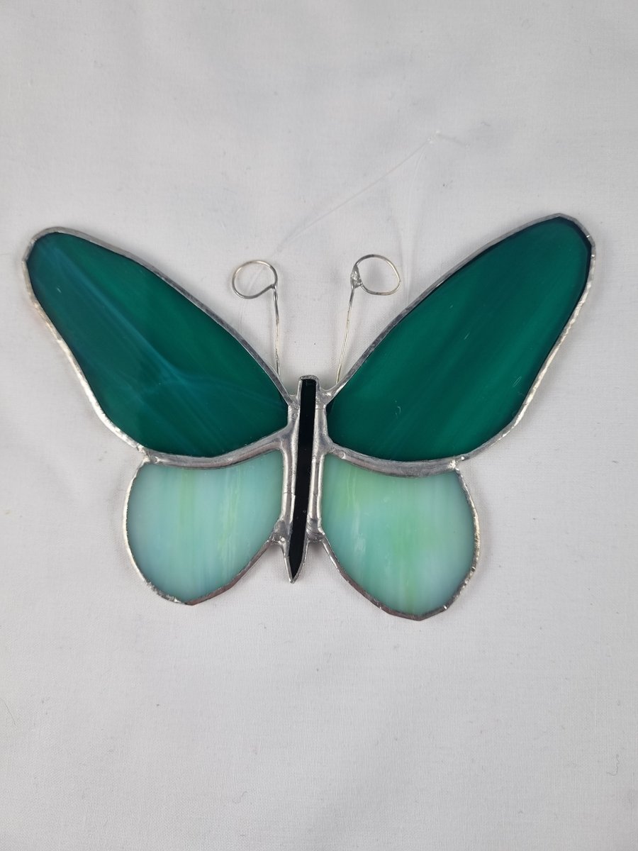 599 Stained Glass small green butterfly - handmade hanging decoration.