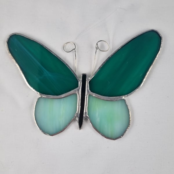 599 Stained Glass small green butterfly - handmade hanging decoration.