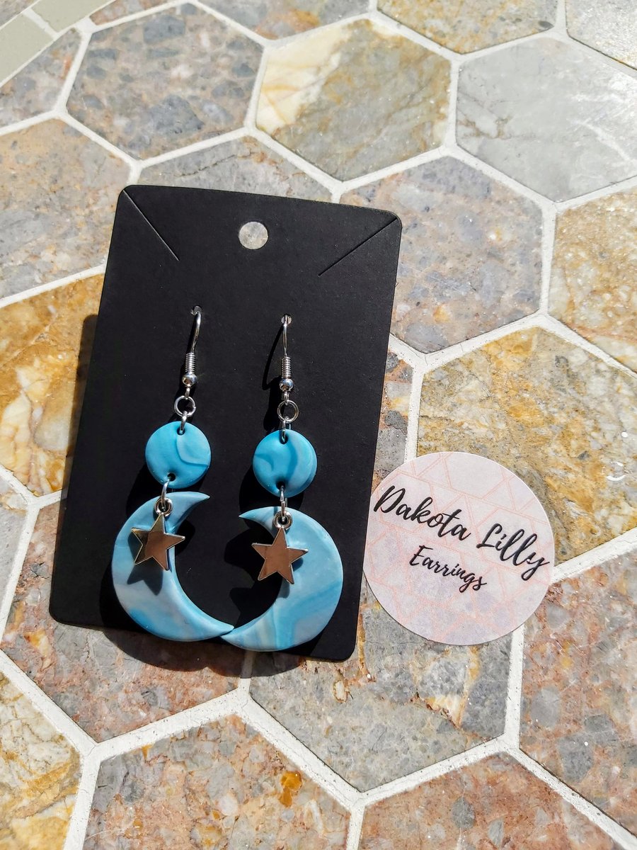 Blue, White and Grey double drop, moon polymer clay earrings
