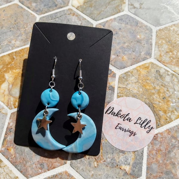Blue, White and Grey double drop, moon polymer clay earrings