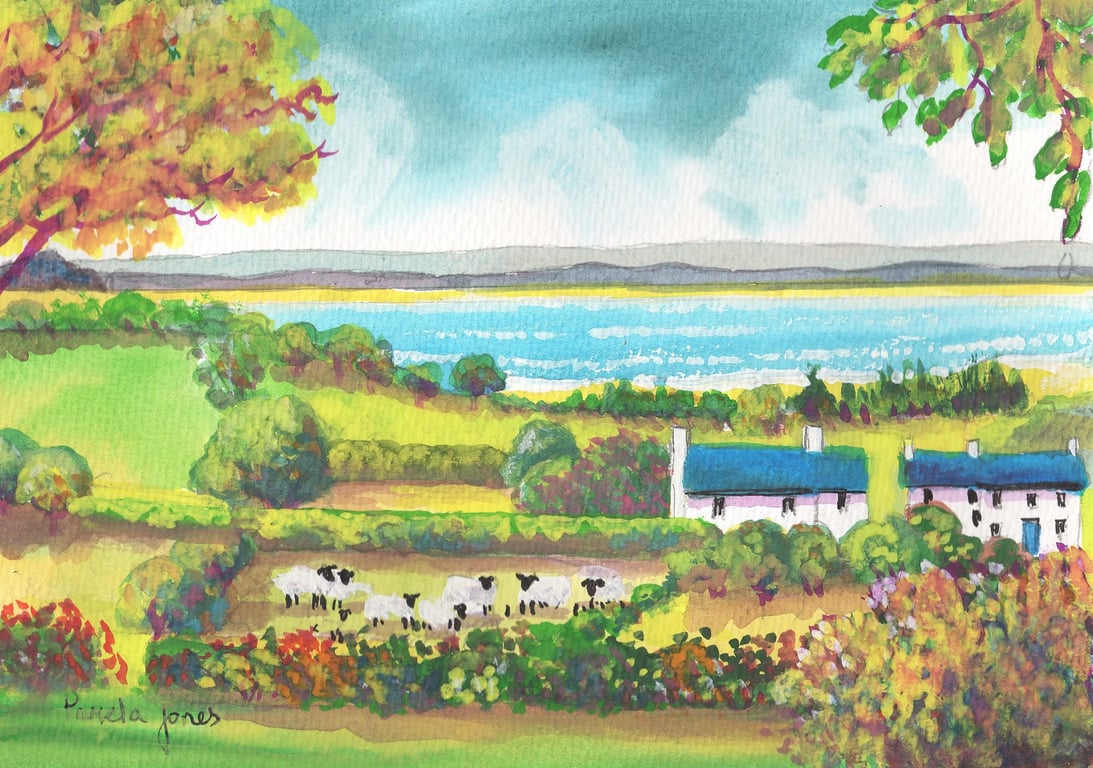 Landimore Cottages, Sheep, North Gower, Original Watercolour in 14 x 11'' Mount.