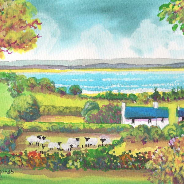 Landimore Cottages, Sheep, North Gower, Original Watercolour in 14 x 11'' Mount.